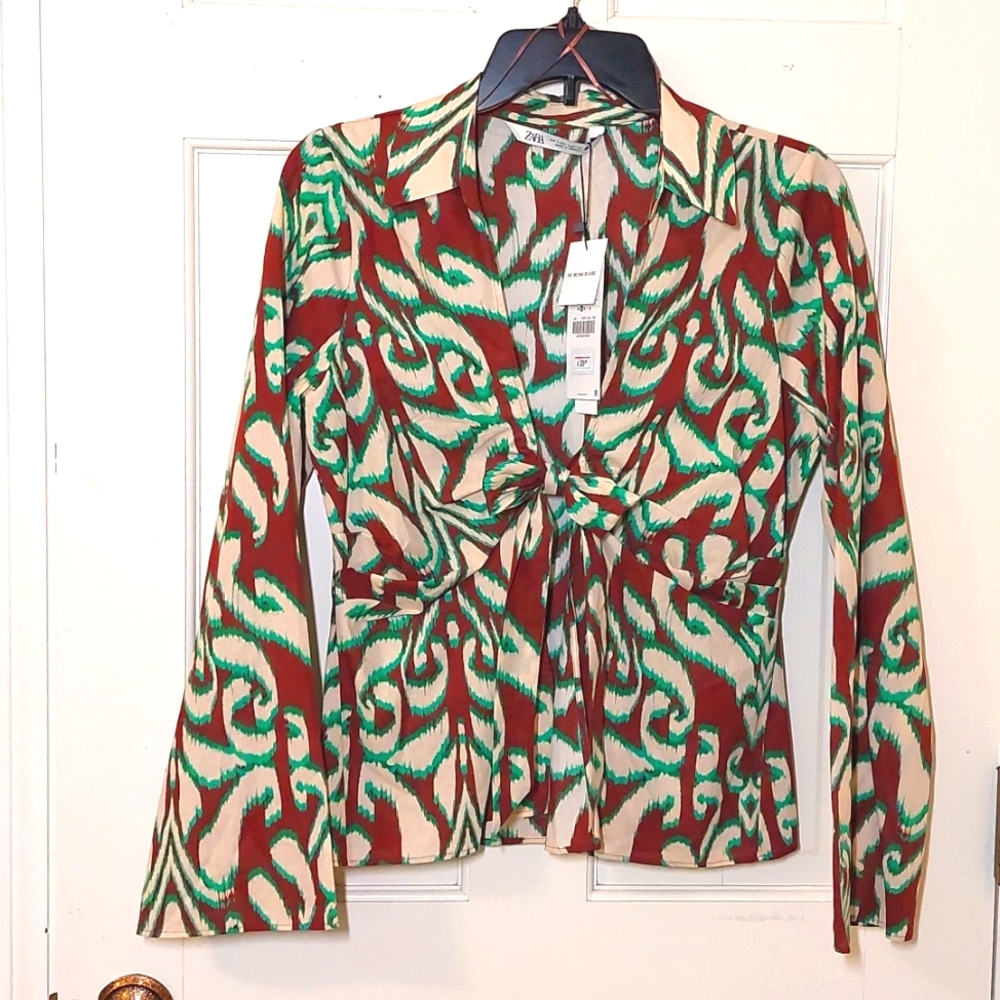 NWT Zara Selena Cotton Printed Front-tie top, size S - Picture 3 of 8